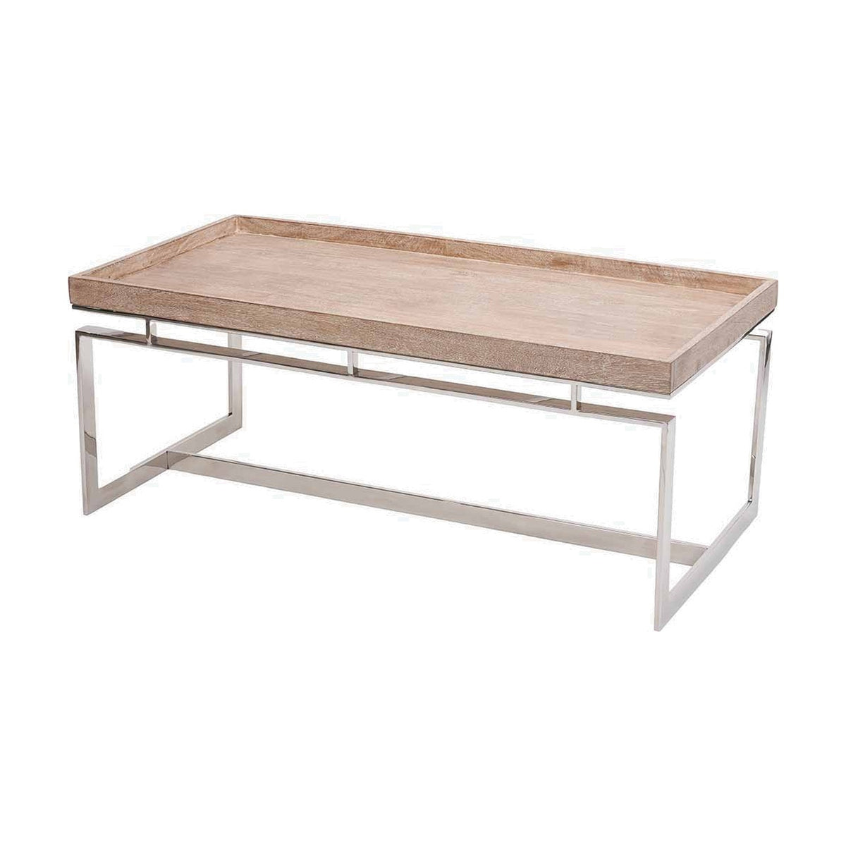 Evelyn coffee table with a rectangular natural mango wood tray top and silver metal base, shown on a plain white background.