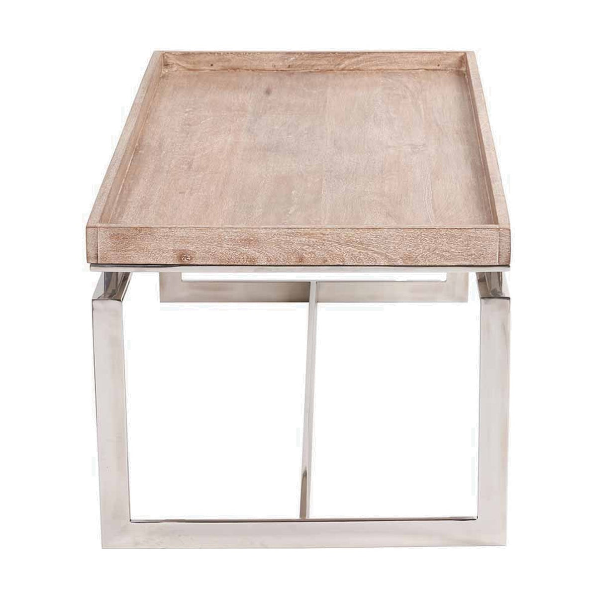 Evelyn coffee table with a raised-edge natural mango wood tray top and silver metal cross-brace legs, shown against a plain white background.