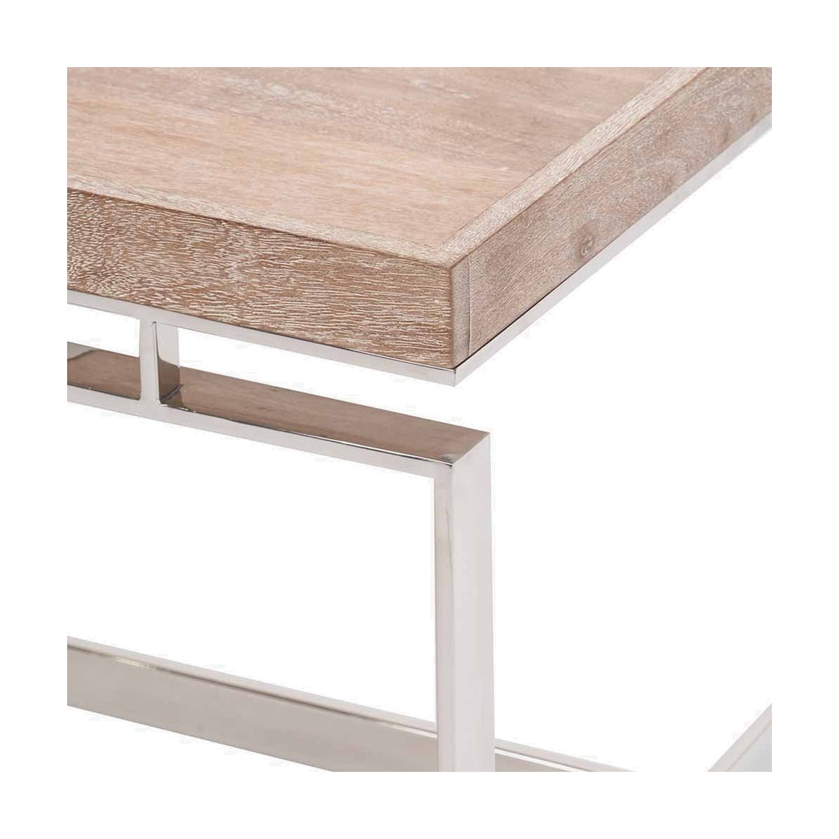 Close-up of the Evelyn coffee table's mango wood top corner and silver metal frame joint, showing natural wood grain and chrome-finish legs against a white background.