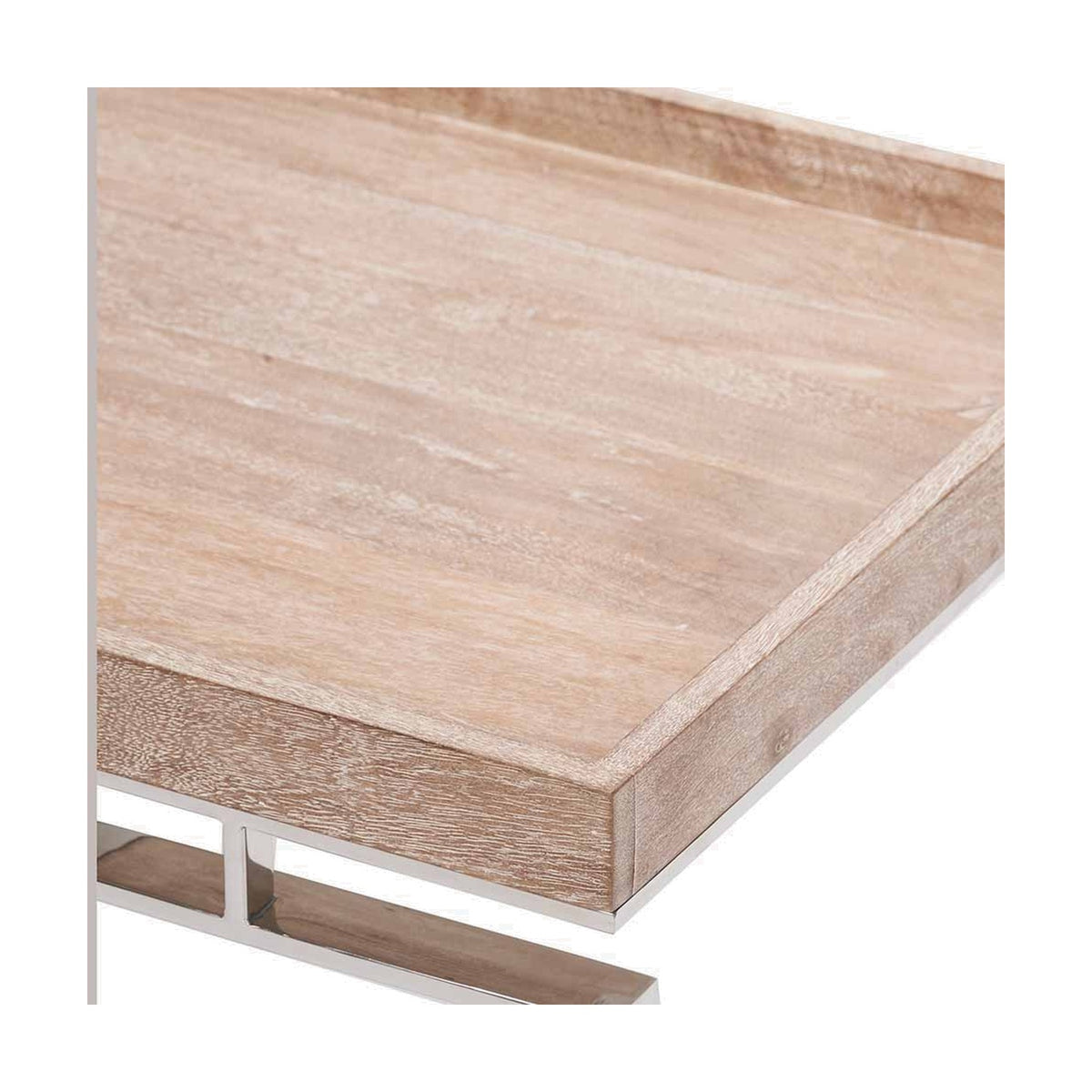Close-up of the Evelyn coffee table's mango wood top with natural antique finish, showing plank grain and a chrome metal frame beneath, on a white background.