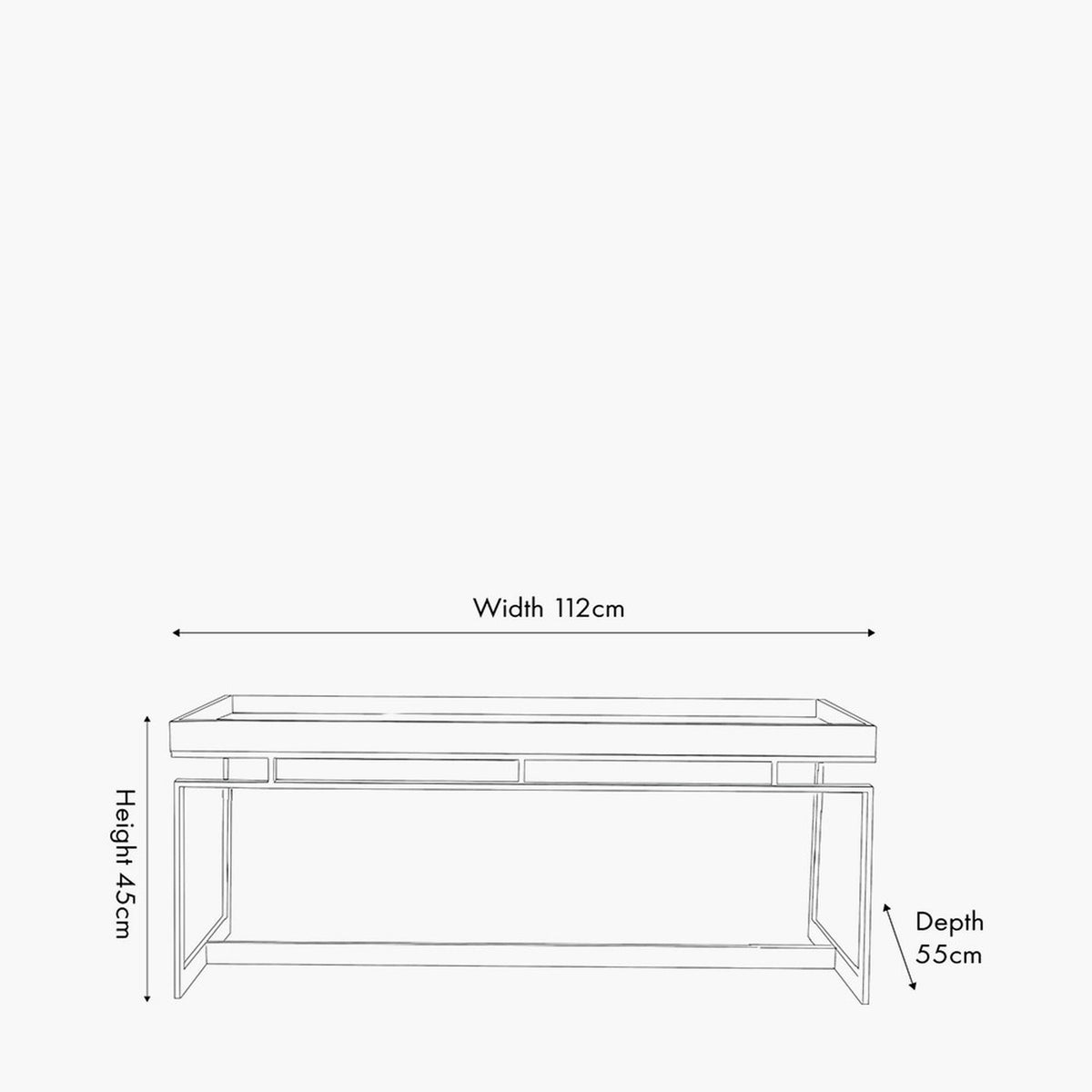 Line drawing of the Evelyn coffee table showing dimensions: 112cm width, 55cm depth, 45cm height, with tray-style top and metal frame legs.
