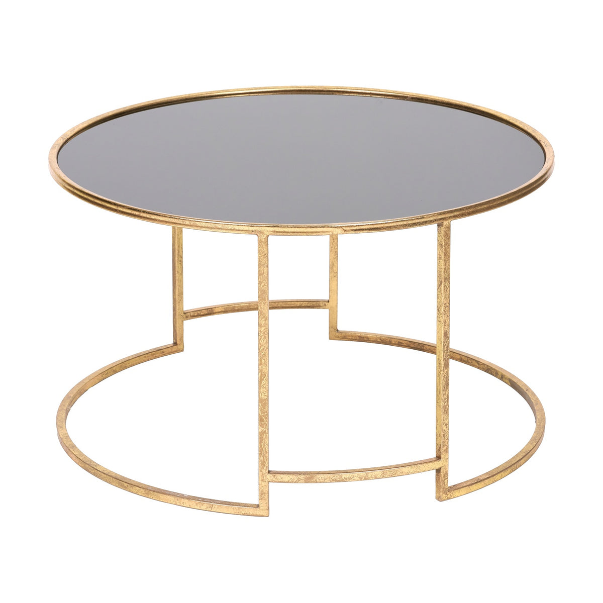Veneziano round coffee table with black glass top and antique gold iron frame featuring geometric legs and a circular base, shown on a plain white background.