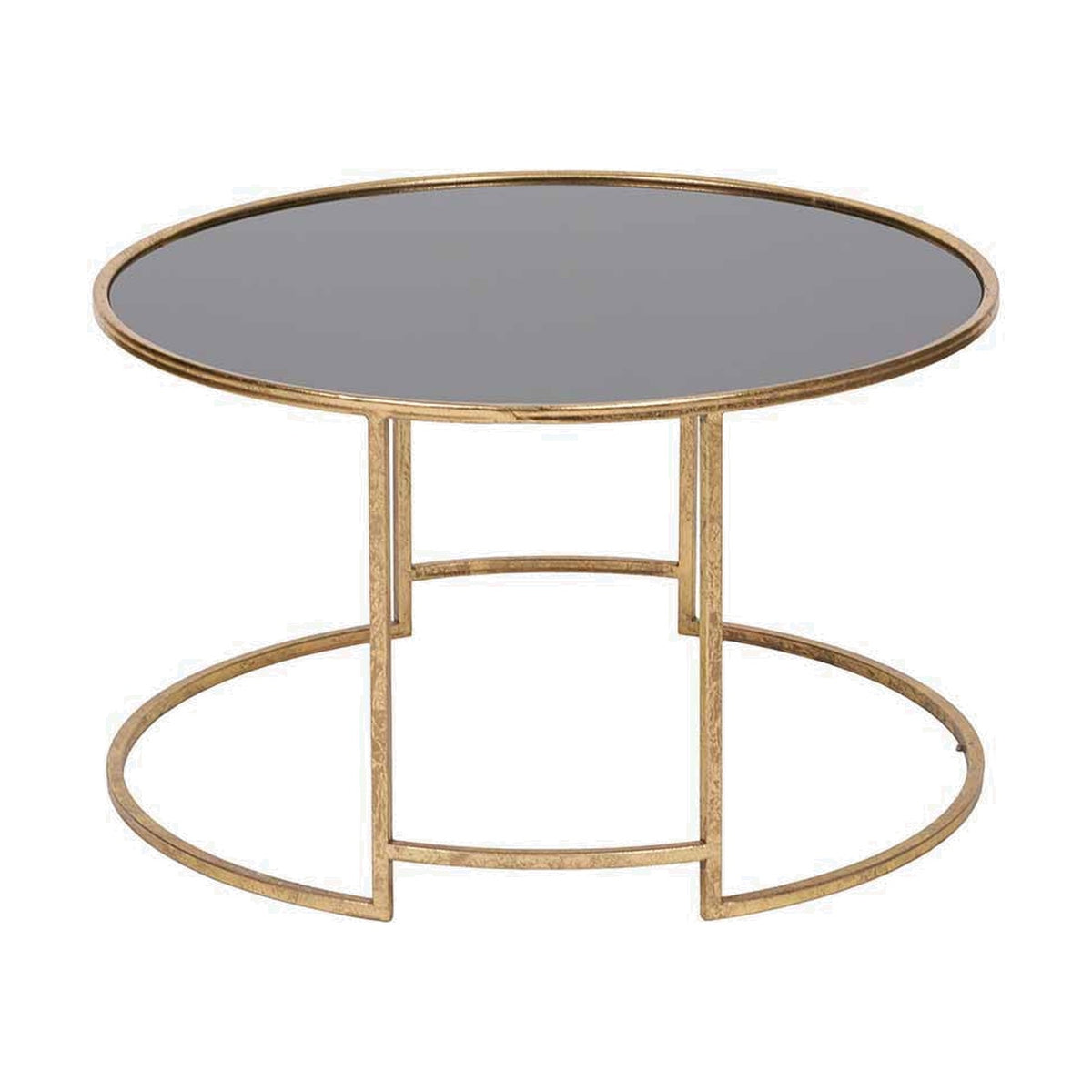 Veneziano round coffee table with black glass top and antique gold iron frame, featuring a geometric leg structure and circular base ring, on a plain white background.