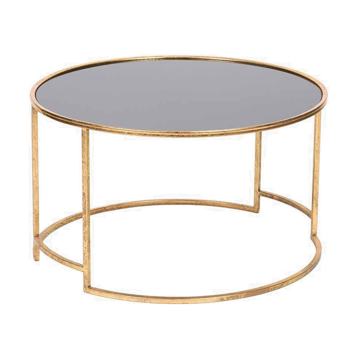 Veneziano round coffee table with black glass top and antique gold iron frame, double circular base, shown on a plain white background.