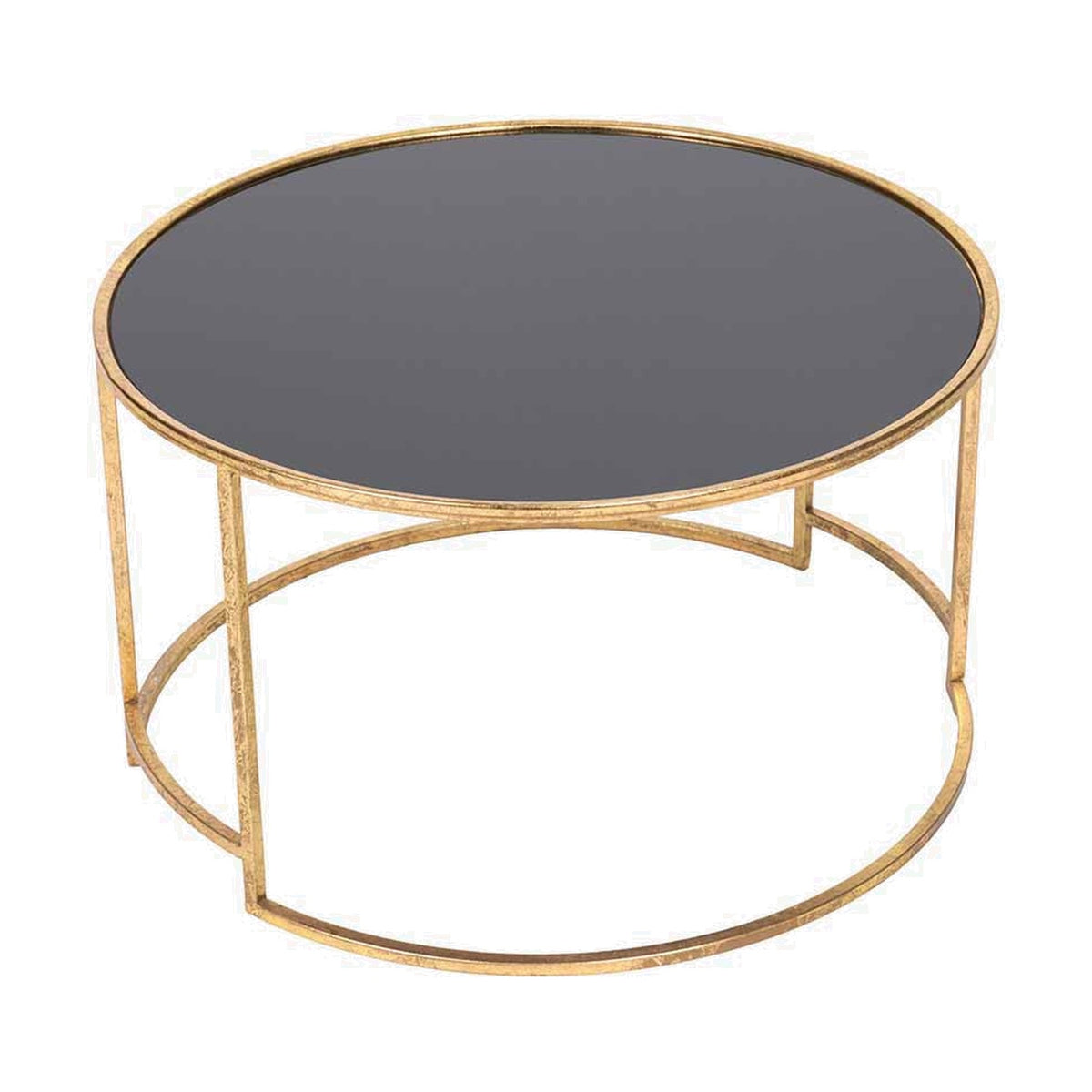 Veneziano round coffee table with antique gold iron frame and black glass top, double circular base, shown on a plain white background.