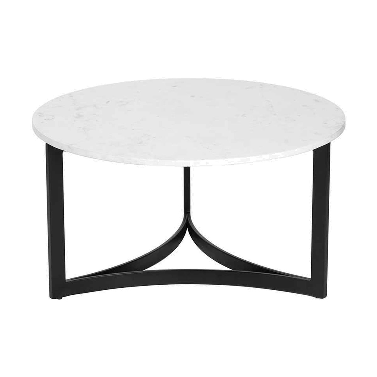 Hendrick coffee table with round white marble top and black metal base featuring curved tripod legs, shown on a plain white background.