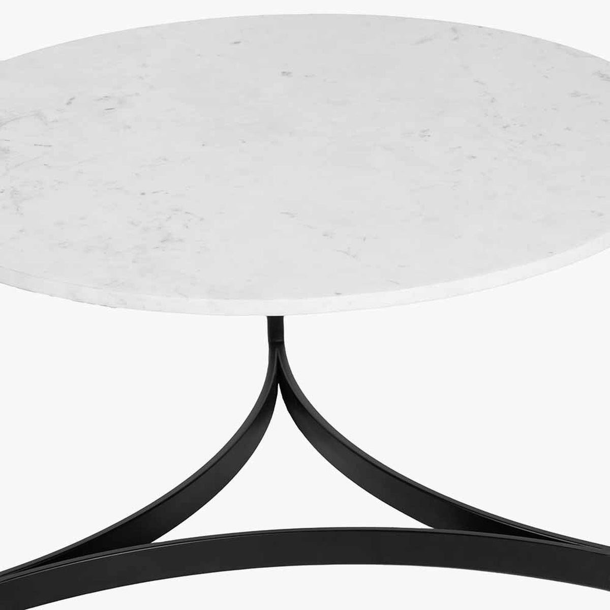 Hendrick coffee table close-up showing a round white marble top with grey veining and a black iron tripod base with curved legs, on a plain white background.