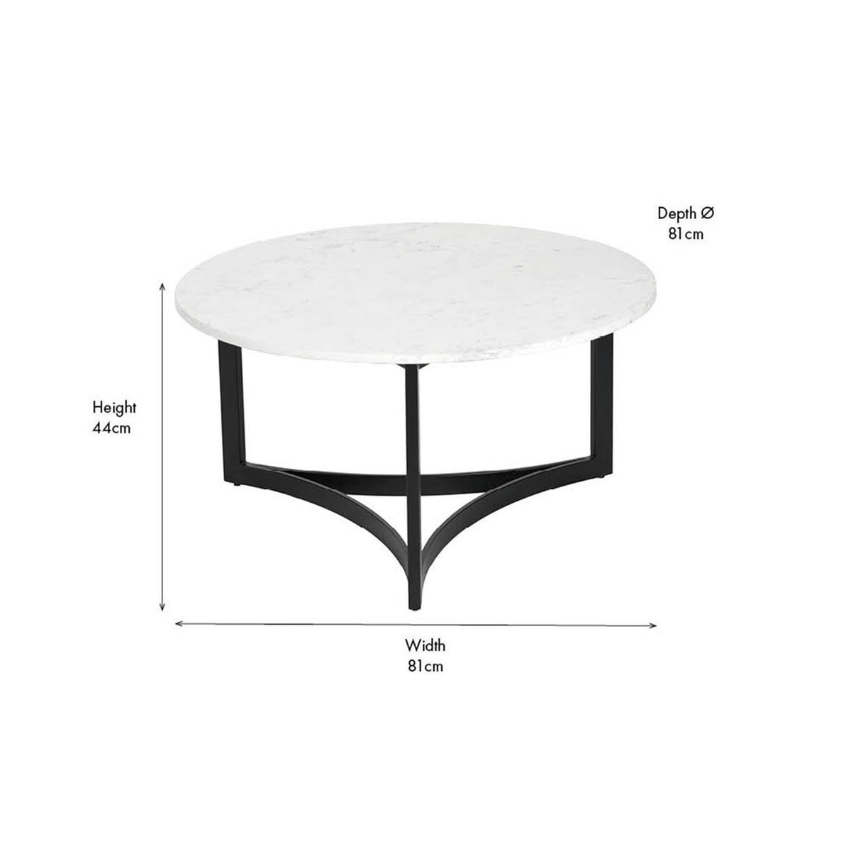 Hendrick round coffee table with white marble top and black iron base featuring curved cross legs, shown with dimension labels on a plain white background.