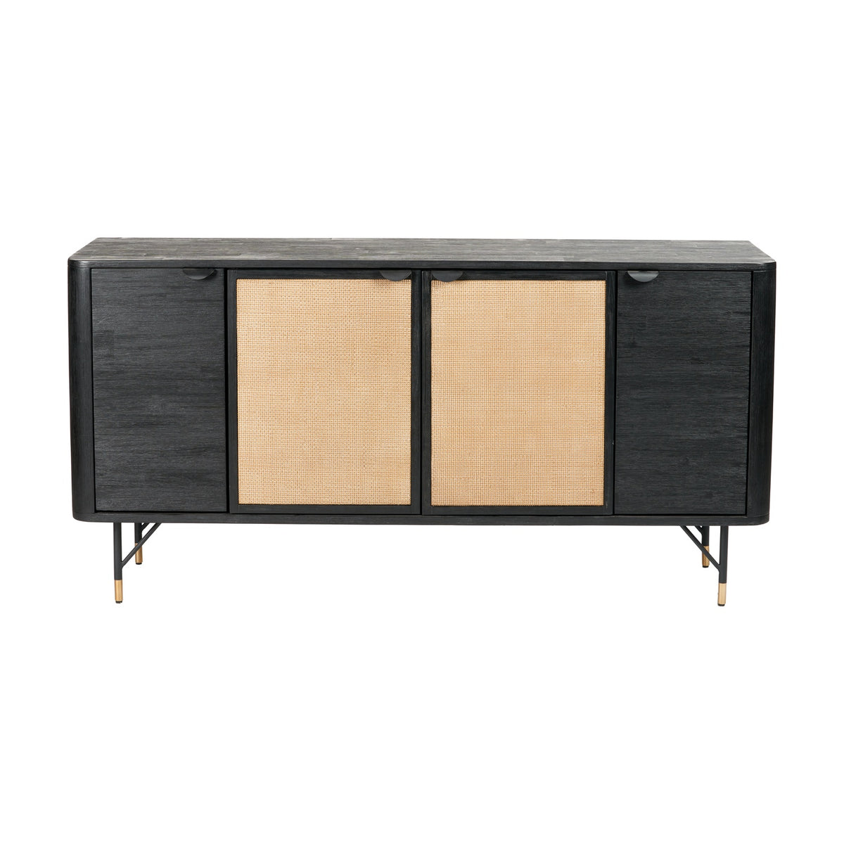 Fiji Black Acacia & Rattan 4 Door Sideboard, black wood frame with woven rattan door panels, black metal legs with brass tips, on a plain white background.