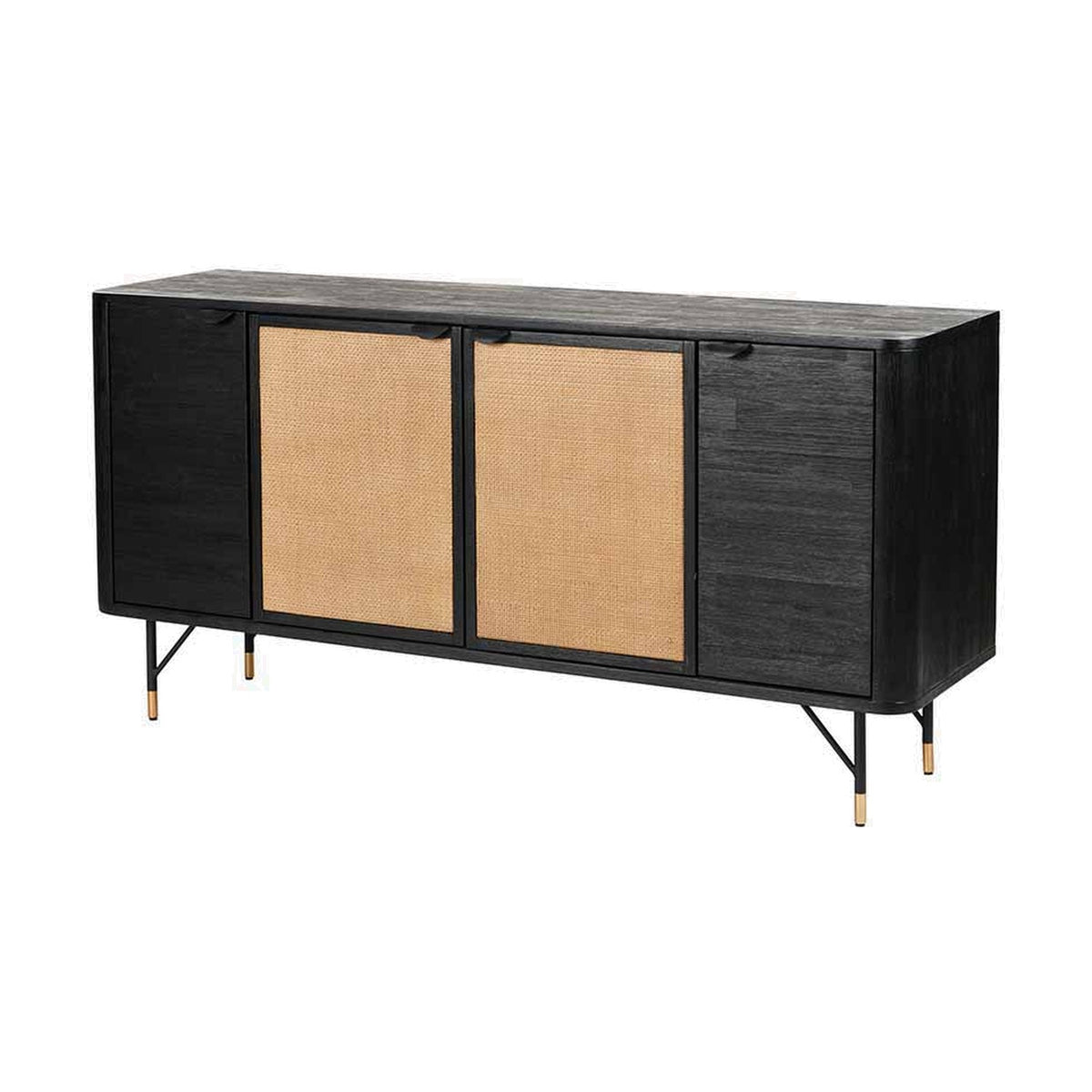 Fiji Black Acacia & Rattan 4 Door Sideboard, black wood frame with two woven rattan cane doors, angled black metal legs with brass tips, on a plain white background.