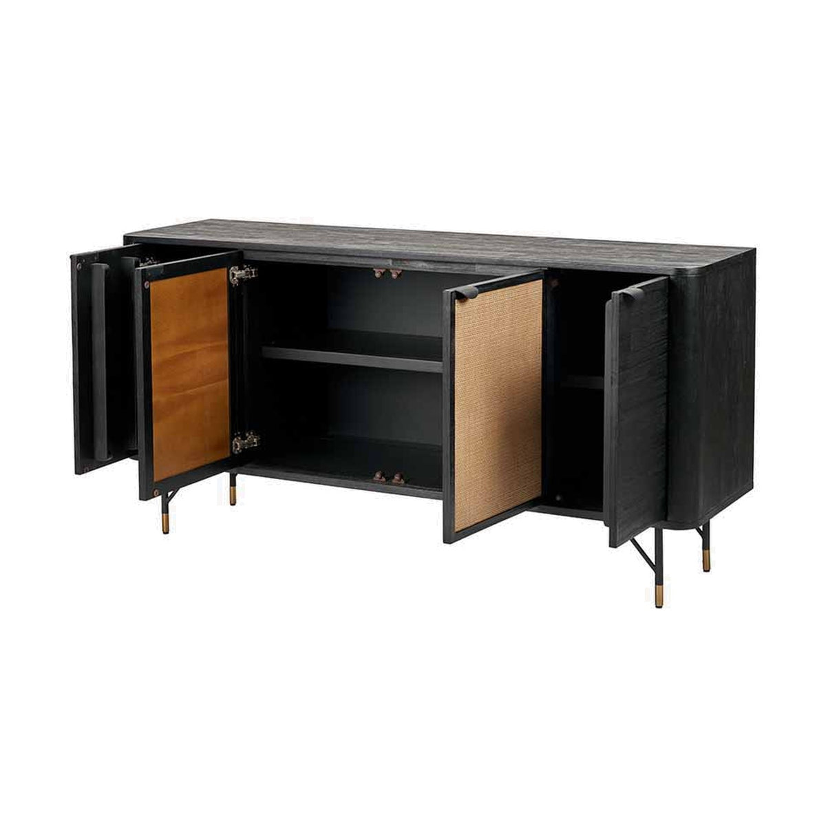 Fiji Black Acacia & Rattan 4 Door Sideboard, 81cm, shown open with tan rattan and leather-panelled doors, black frame, and tapered metal legs on a white background.