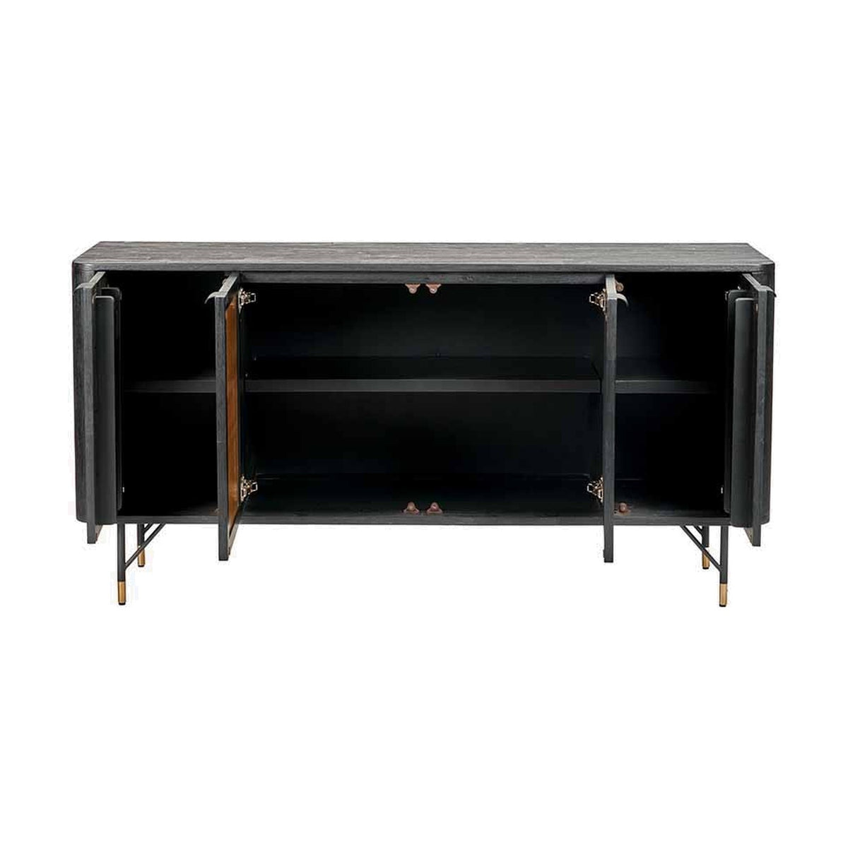Fiji Black Acacia & Rattan 4 Door Sideboard, 81cm, shown open revealing black interior shelving and metal legs with brass tips, on a plain white background.
