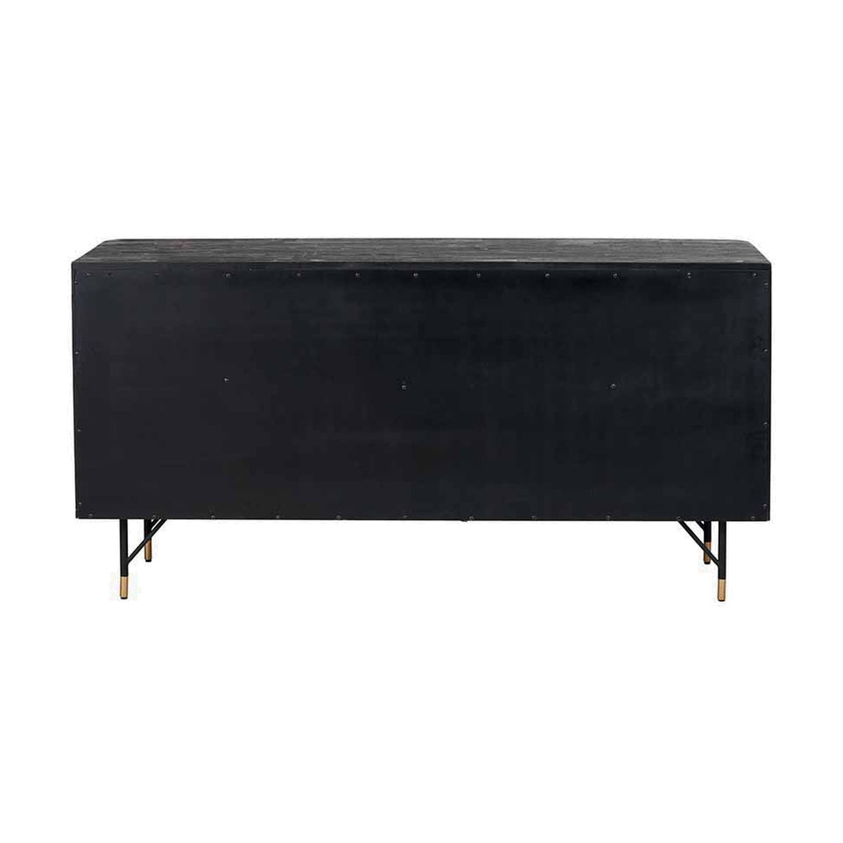 Rear view of the Fiji Black Acacia & Rattan 4 Door Sideboard, 81cm, showing solid black wood back panel and angled black metal legs with brass tips on a white background.