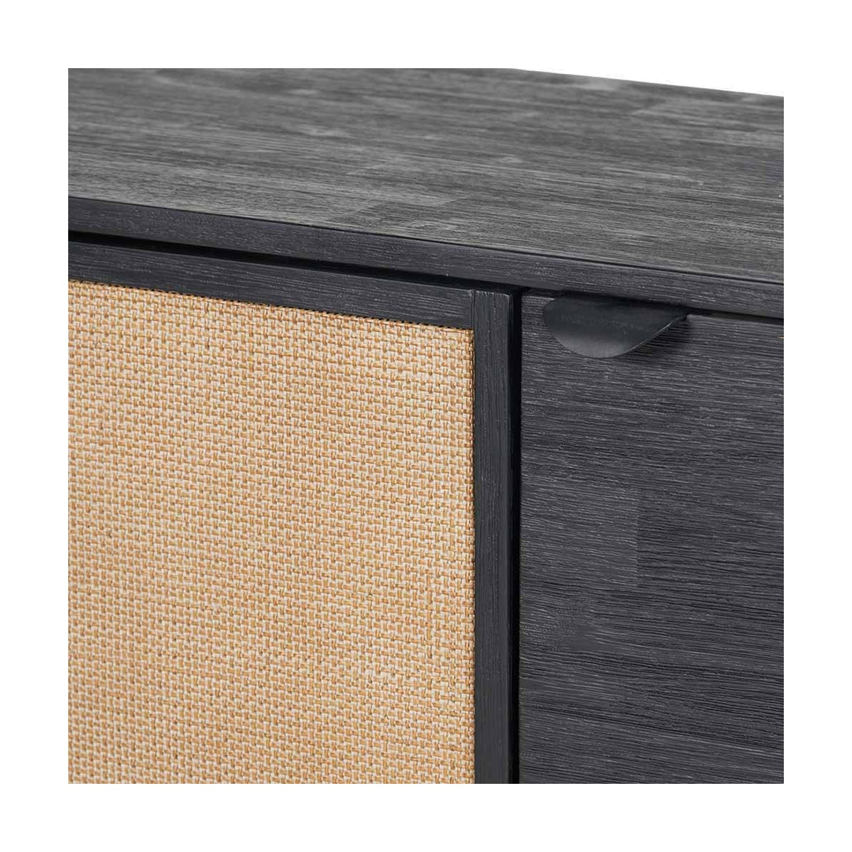Close-up of the Fiji Black Acacia & Rattan 4 Door Sideboard showing a woven rattan door panel beside a black wood door with a curved cut-out handle.