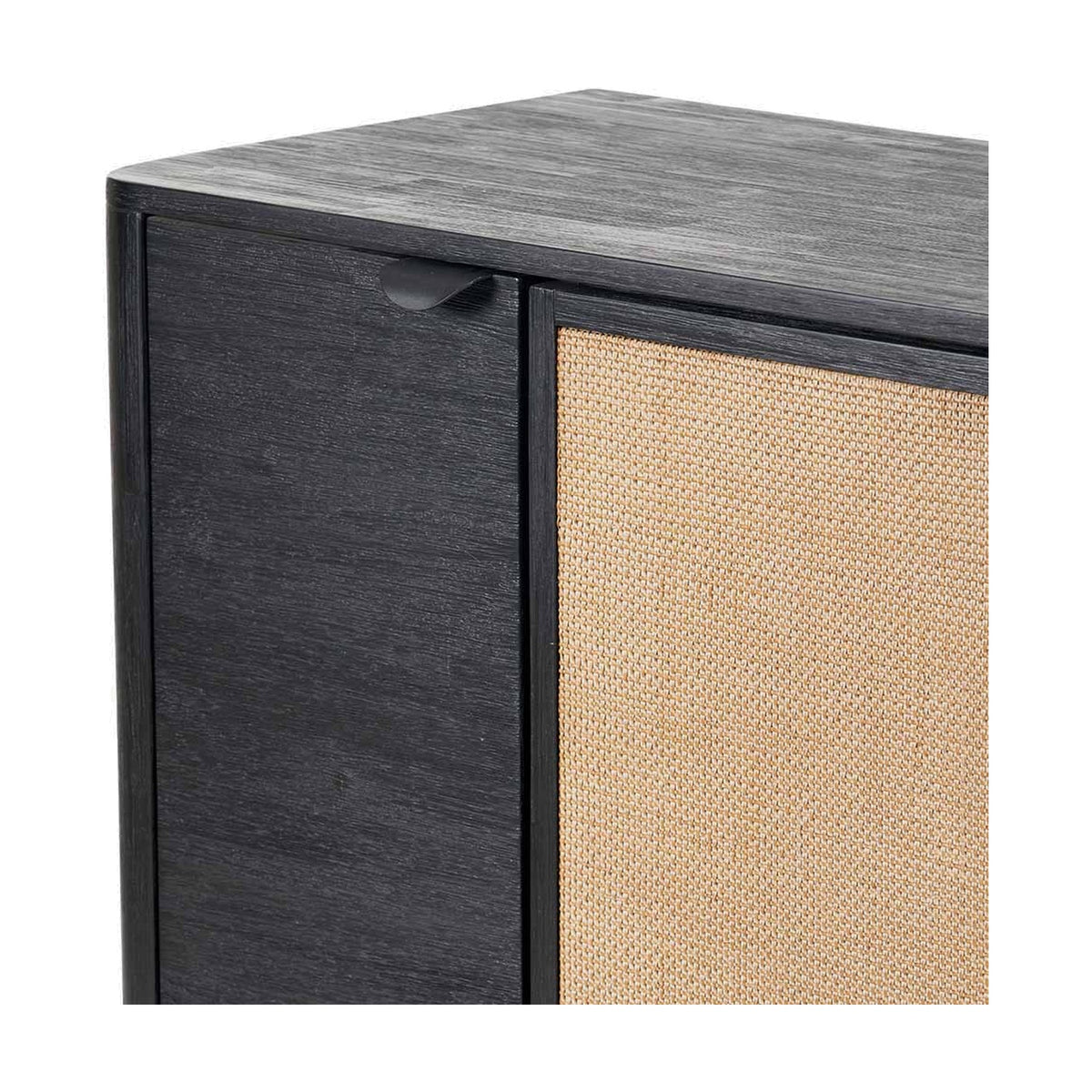 Close-up of the Fiji Black Acacia & Rattan 4 Door Sideboard, showing a black wood frame corner with rattan door panel and dark curved handle.