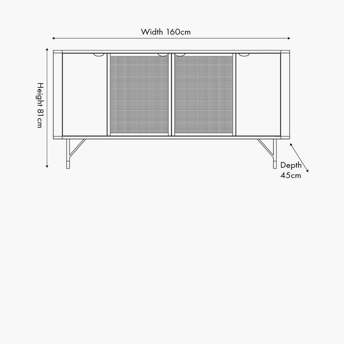 Line drawing of the Fiji Black Acacia & Rattan 4 Door Sideboard showing dimensions: 160cm width, 81cm height, 45cm depth, with rattan-panelled centre doors and slim tapered legs.