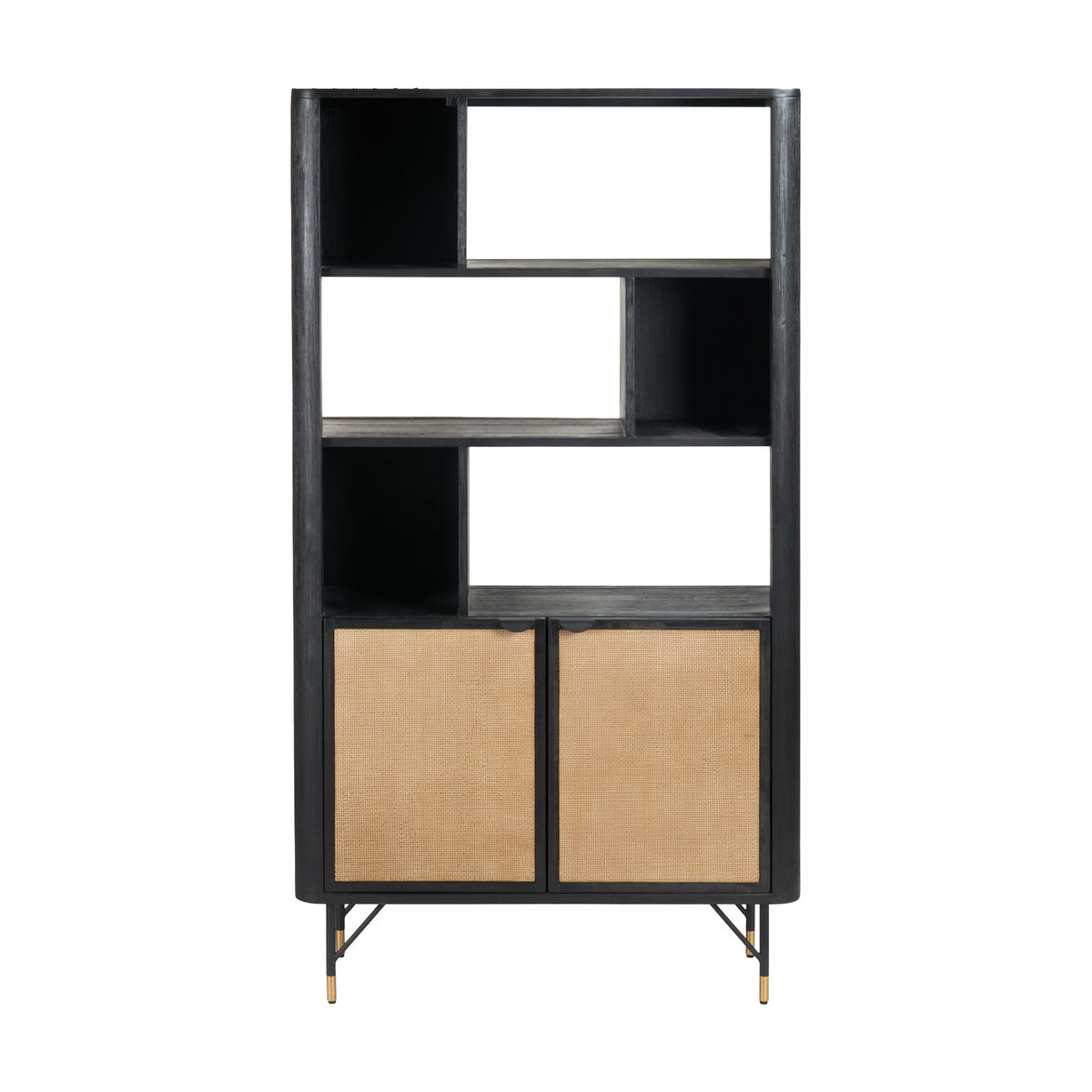 Fiji Black Acacia & Rattan 2 Door 6 Niche Shelf Shelving Unit - 180cm
