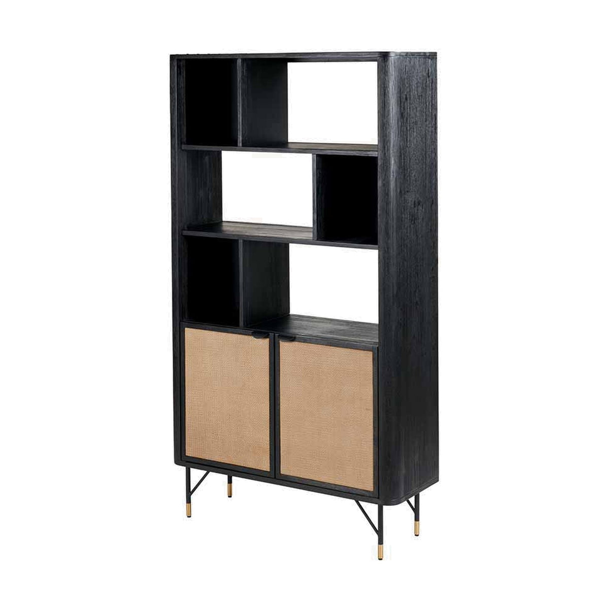 Fiji Black Acacia & Rattan 2 Door 6 Niche Shelf Shelving Unit - 180cm