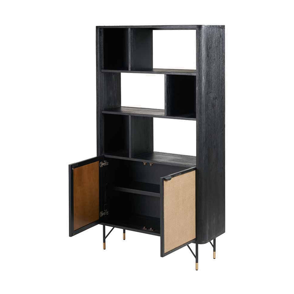 Fiji Black Acacia & Rattan 2 Door 6 Niche Shelf Shelving Unit - 180cm