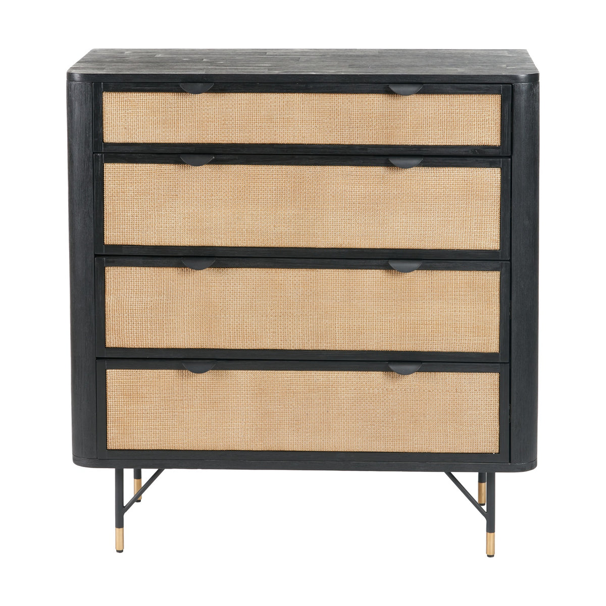Fiji Black Acacia & Rattan 4 Drawer Unit, 106cm chest of drawers with black wood frame, natural rattan fronts, black handles, and angled metal legs, shown on a plain white background.