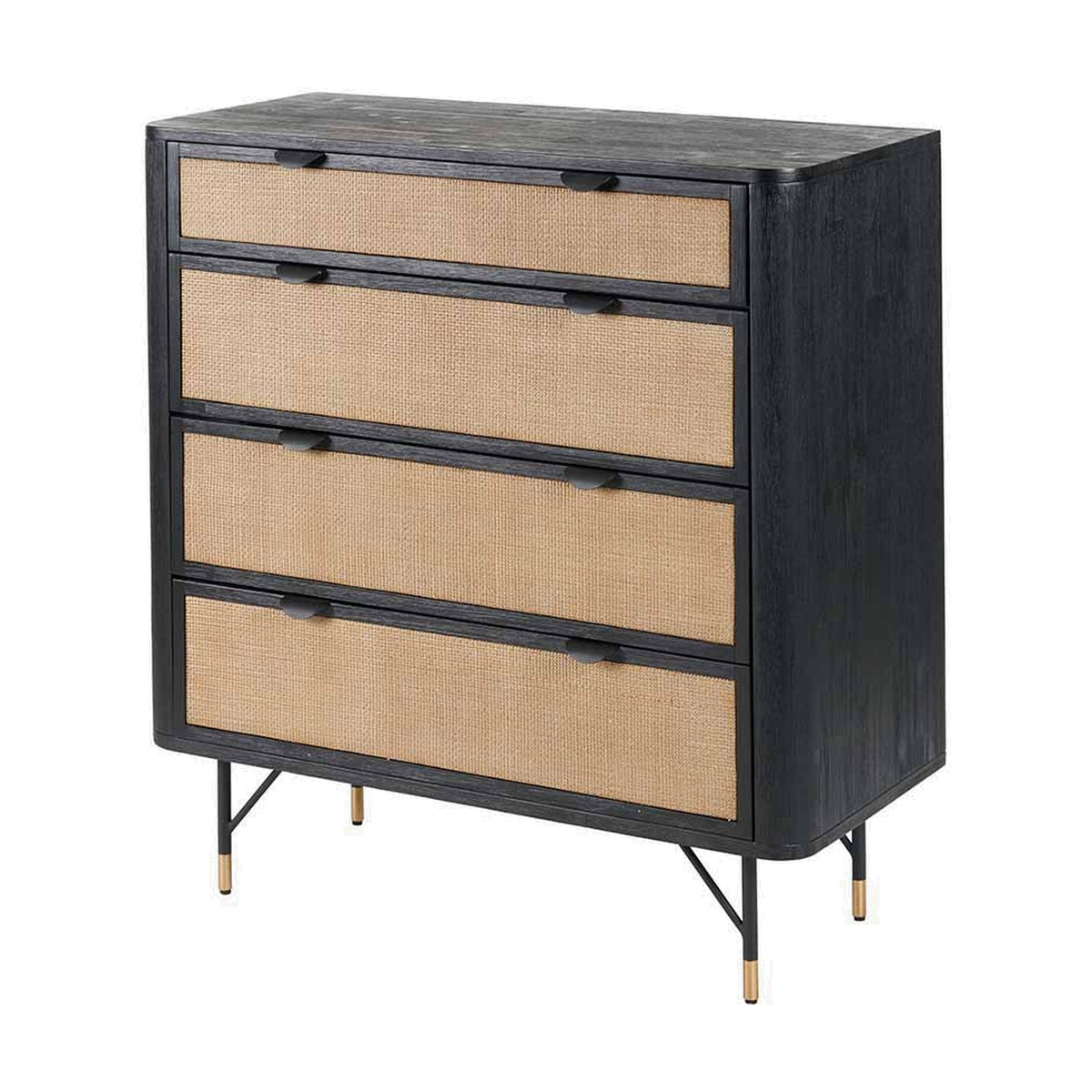 Fiji Black Acacia & Rattan 4 Drawer Unit, 106cm chest of drawers with black wood frame, natural rattan drawer fronts, angled black metal legs with brass-tone feet, on a plain white background.