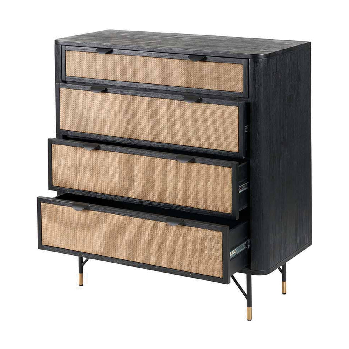 Fiji Black Acacia & Rattan 4 Drawer Unit, 106cm chest with woven rattan drawer fronts, black wood frame, and angled metal legs with brass tips, on a white background.