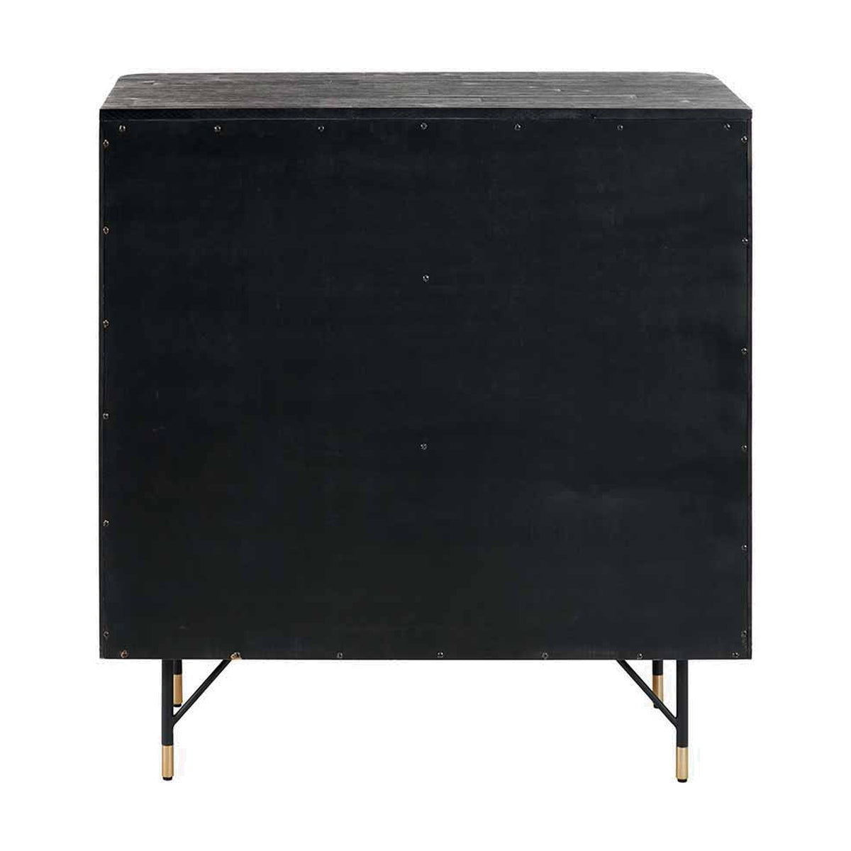Rear view of the Fiji Black Acacia & Rattan 4 Drawer Unit showing solid black wood back panel with angled black metal legs and brass tips, on a plain white background.