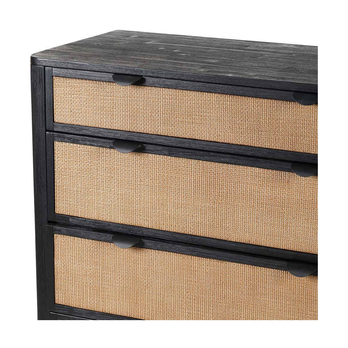 Close-up of the Fiji Black Acacia & Rattan 4 Drawer Unit showing black wood frame, dark metal handles, and woven rattan drawer fronts on a plain background.