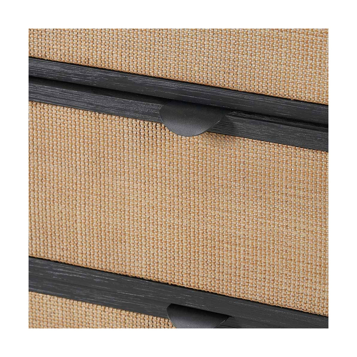 Close-up of the Fiji Black Acacia & Rattan 4 Drawer Unit, showing woven rattan drawer fronts with black wood frame and a curved black handle.