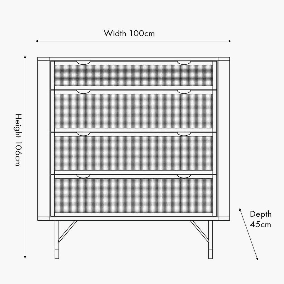 Line drawing of the Fiji Black Acacia & Rattan 4 Drawer Unit showing dimensions: 100cm width, 106cm height, 45cm depth, with rattan drawer fronts and slim angled legs.