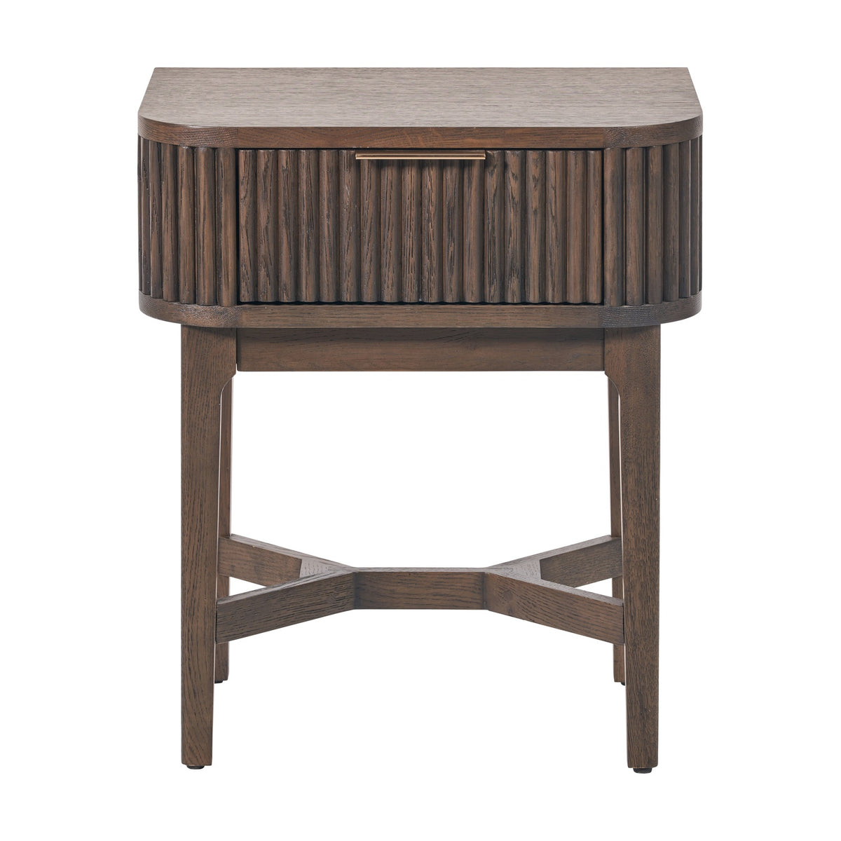 Raie Dark Brown Ribbed Oak & Pine 1 Drawer Unit, a rounded bedside chest with fluted drawer front, brass bar handle, and cross-braced wooden legs, shown on a plain white background.