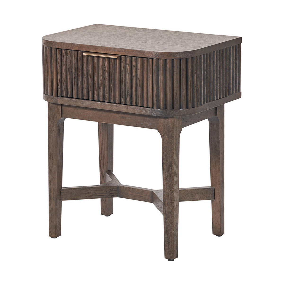 Raie Dark Brown Ribbed Oak & Pine 1 Drawer Unit, a small bedside chest with a single fluted drawer, brass handle, and tapered wooden legs, shown on a plain white background.