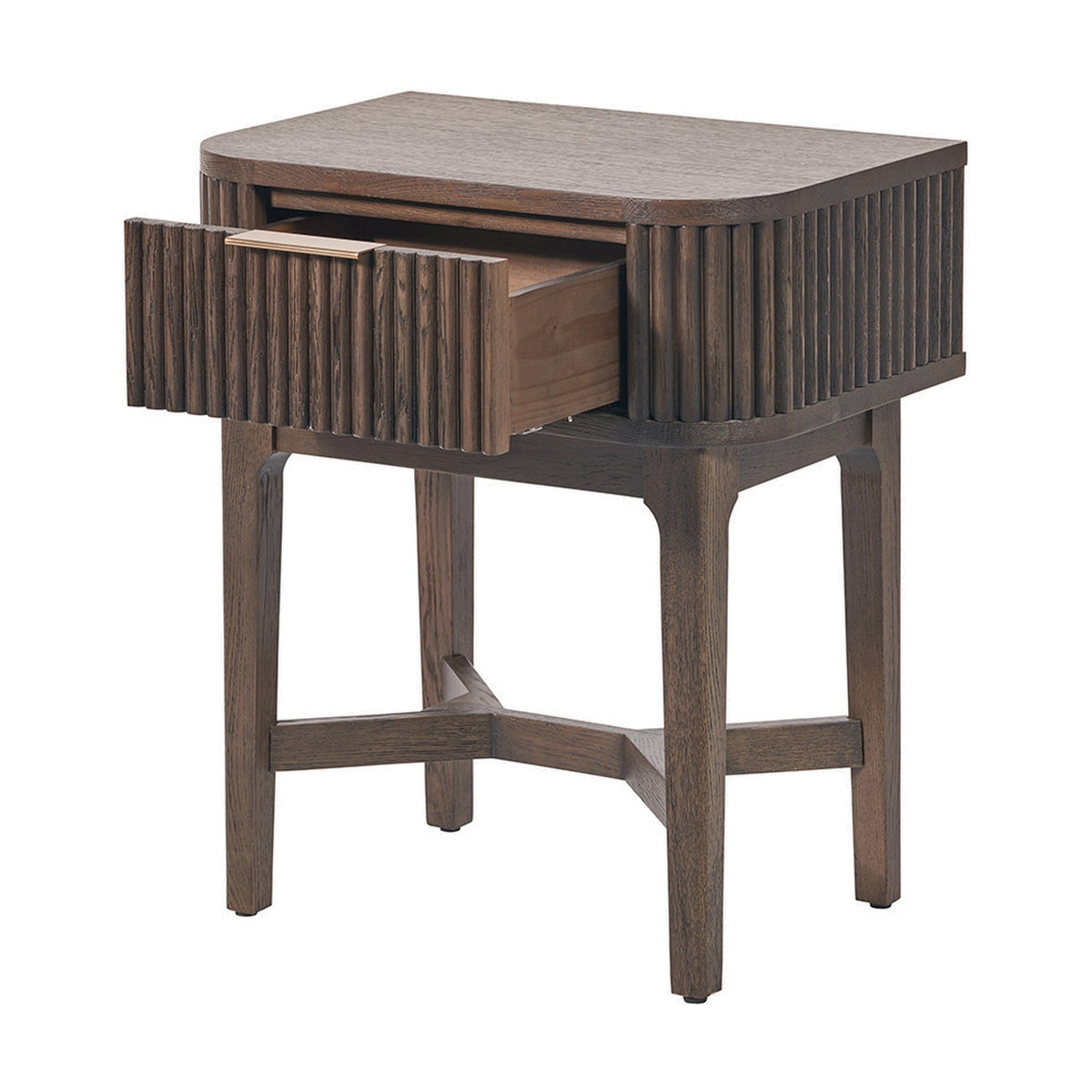 Raie Dark Brown Ribbed Oak & Pine 1 Drawer Unit with open drawer showing brass handle, angled on tapered legs against a white background.