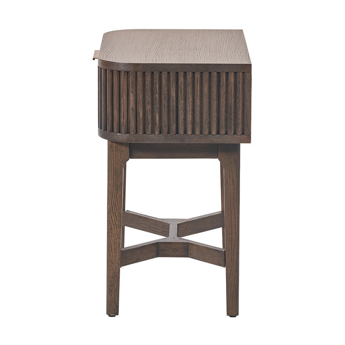 Side view of the Raie Dark Brown Ribbed Oak & Pine 1 Drawer Unit, showing the fluted panel side, tapered legs with cross stretcher, and light oak top, on a plain white background.