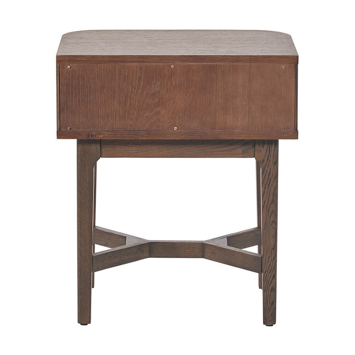 Raie Dark Brown Ribbed Oak & Pine 1 Drawer Unit, 65cm, rear view showing wood-grain panel, X-shaped stretcher base, and tapered legs on a plain white background.