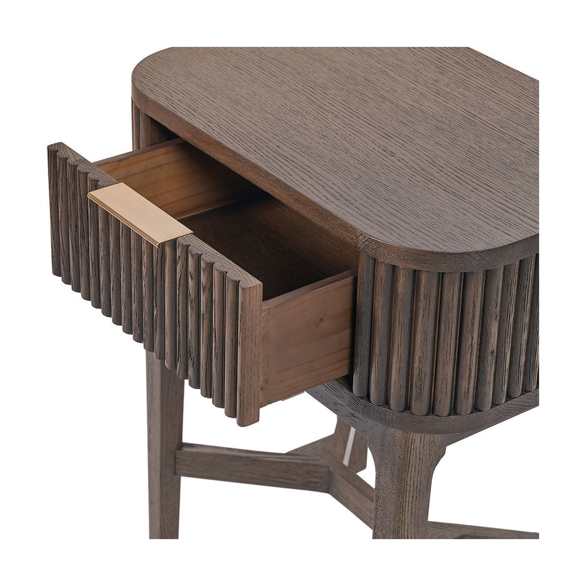 Close-up of the Raie Dark Brown Ribbed Oak & Pine 1 Drawer Unit with open drawer, showing vertical fluted panelling, wooden interior, brass handle, and X-frame legs on a plain background.