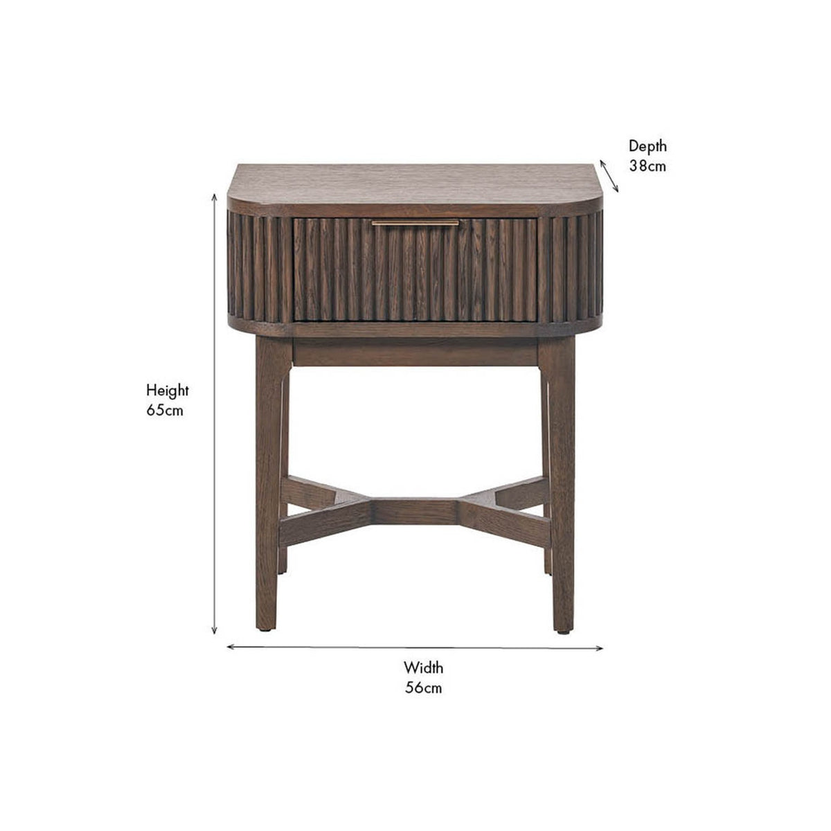 Raie Dark Brown Ribbed Oak & Pine 1 Drawer Unit with tapered legs and cross stretcher, shown on a white background with dimension labels: height 65cm, width 56cm, depth 38cm.