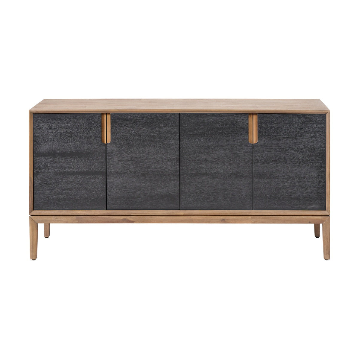 Gio Black & Acacia 4 Door Sideboard, 80cm, with black panelled doors, wood-toned frame, tapered legs, and brass-finish handles on a plain white background.