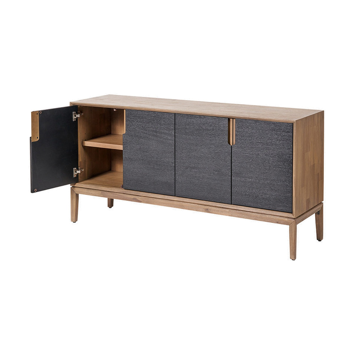 Gio Black & Acacia 4 door sideboard with one door open, showing black interior panelling and a wooden shelf, on tapered wood legs against a white background.