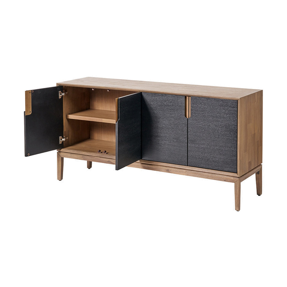 Gio Black & Acacia 4 Door Sideboard with open doors revealing wooden shelf, black panel fronts, acacia frame and tapered legs on a plain white background.