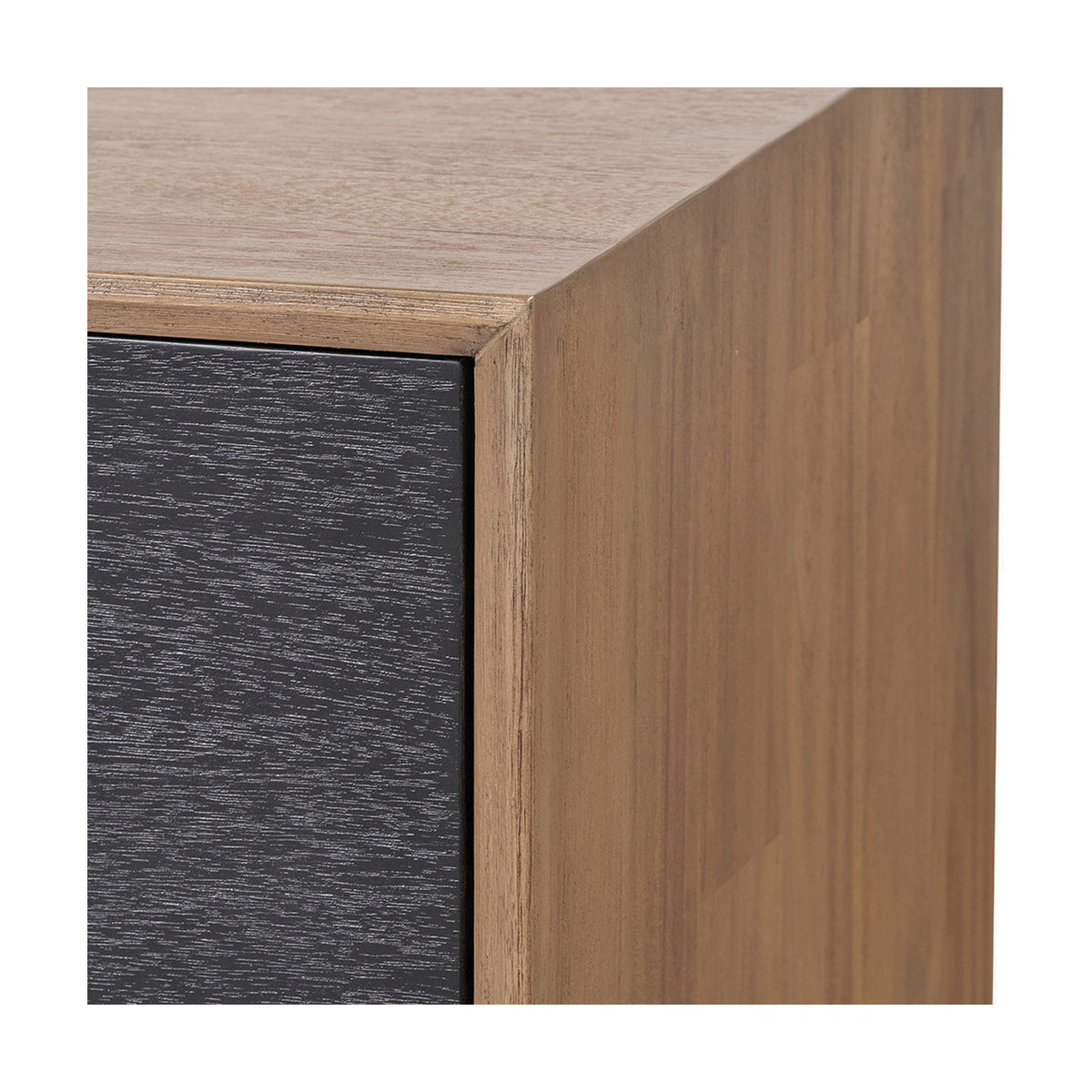 Close-up of the Gio Black & Acacia 4 Door Sideboard's corner joinery, showing acacia wood frame with mitred edge against a black woodgrain door panel.
