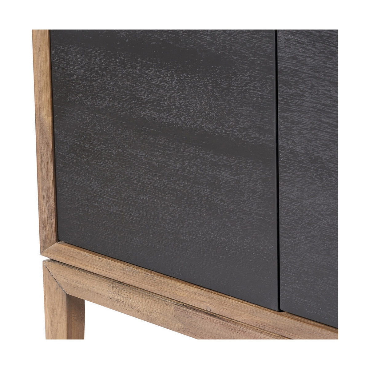 Close-up of the Gio Black & Acacia 4 Door Sideboard's corner, showing black wood-grain door panels within a natural acacia frame and angled leg.
