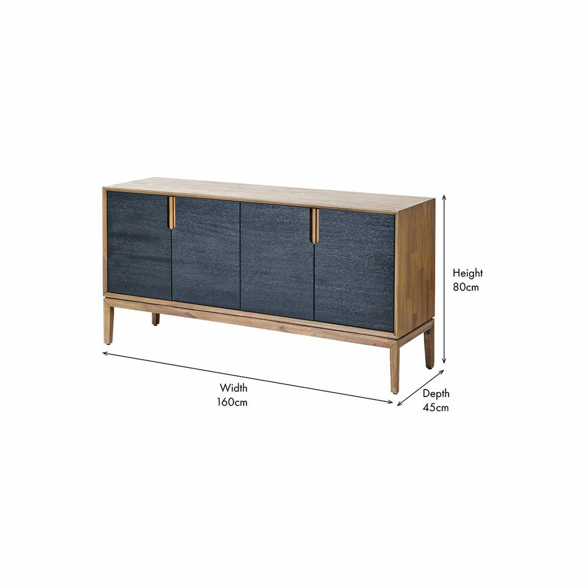 Gio Black & Acacia 4 Door Sideboard with wooden top and tapered legs, shown with dimension labels: 160cm width, 45cm depth, 80cm height, on a white background.