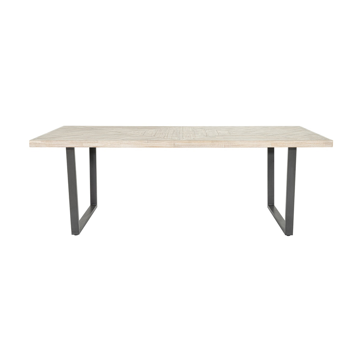 Marca dining table with sand wash acacia wood top and black metal U-shaped legs, rectangular design for 8 seaters, shown on a plain white background.