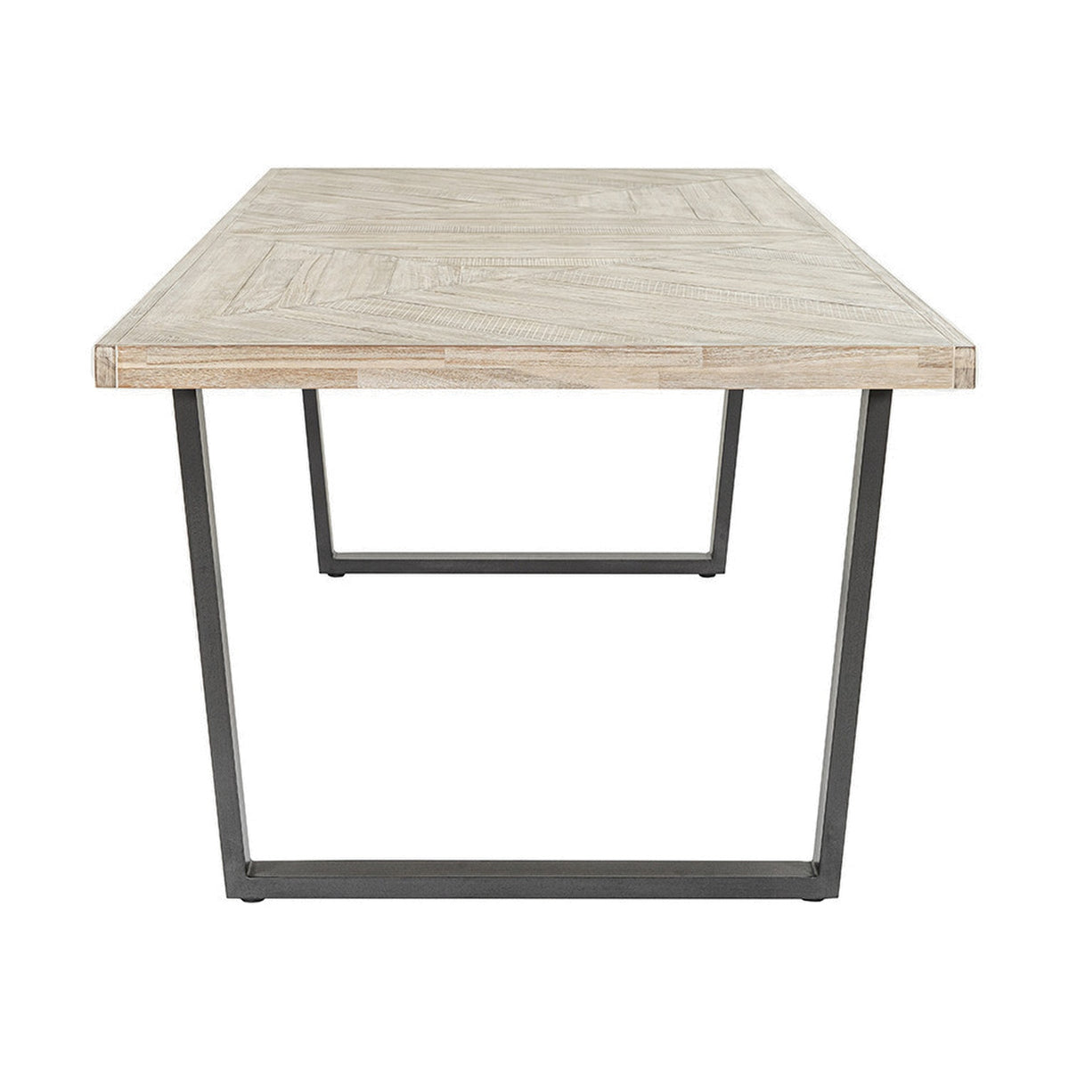 Marca dining table with sand wash acacia wood top in a herringbone pattern and black metal U-shaped legs, shown front-on against a plain white background.