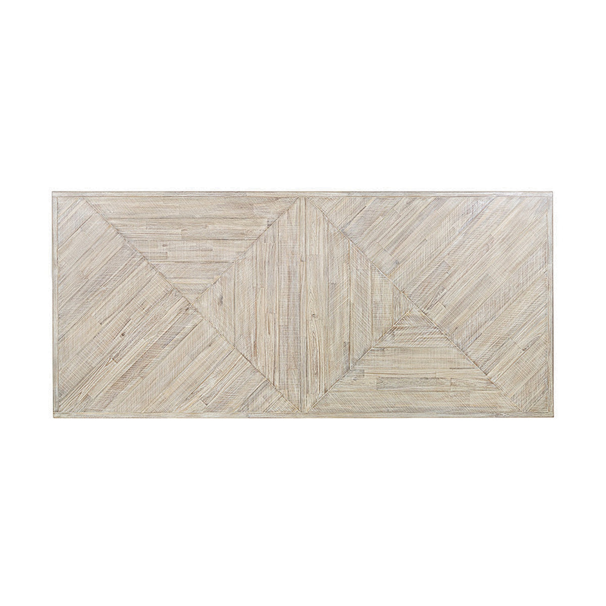 Marca dining table top in sand wash acacia wood with a chevron parquet pattern, rectangular shape, shown on a plain white background.
