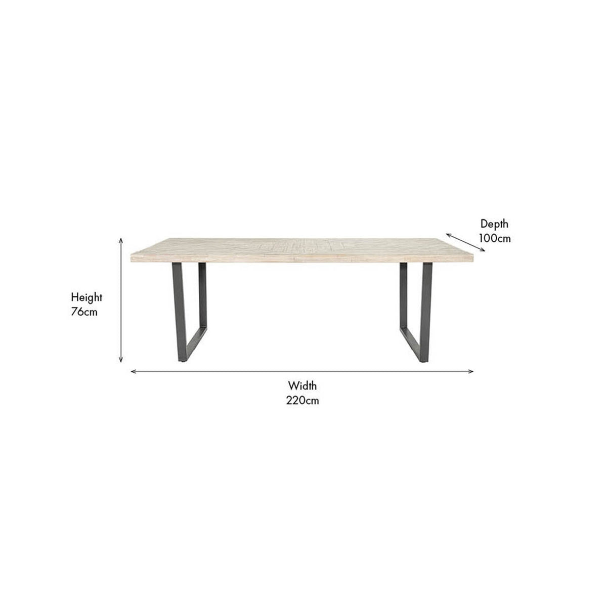 Marca sand wash acacia dining table with rectangular wood top and black metal U-shaped legs, shown with dimensions 220cm width, 100cm depth, 76cm height, on white background.