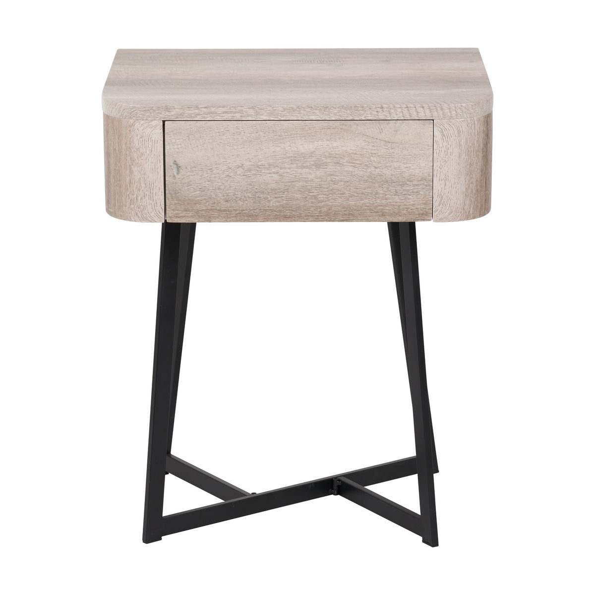 Ukiah Grey Oak Veneer & Black Metal 1 Drawer Unit, a rounded bedside chest with single drawer on angled black metal cross-frame legs, shown on a plain white background.