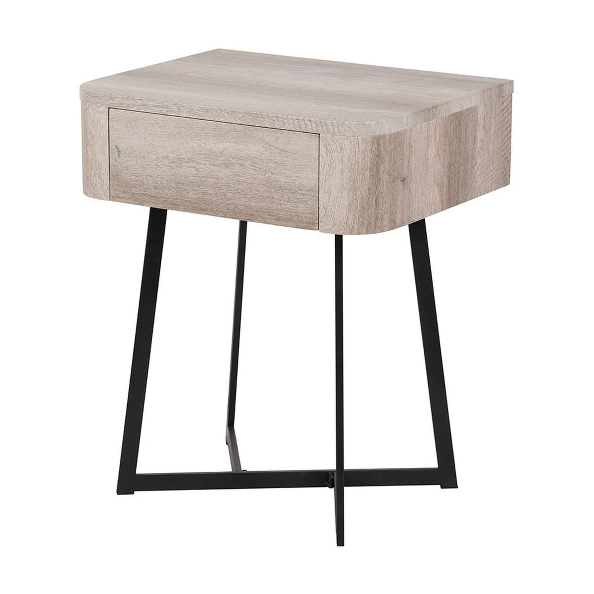 Ukiah Grey Oak Veneer & Black Metal 1 Drawer Unit, a single-drawer side table with angled black metal legs on a plain white background.