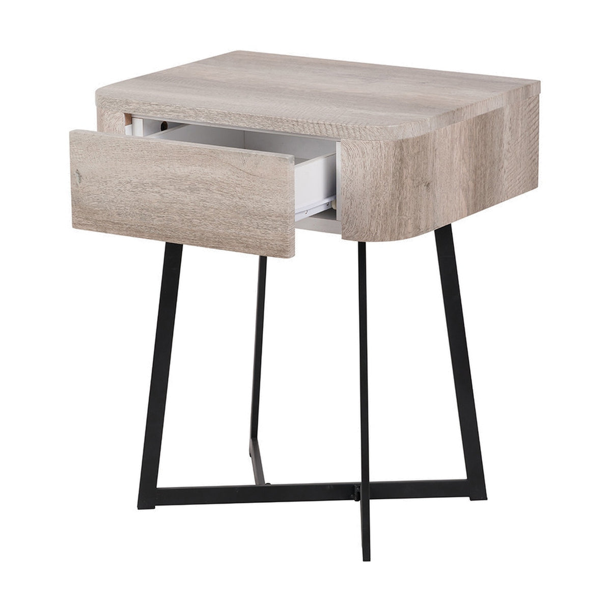 Ukiah Grey Oak Veneer 1 drawer unit with open drawer showing white interior, on angled black metal legs, set against a plain white background.